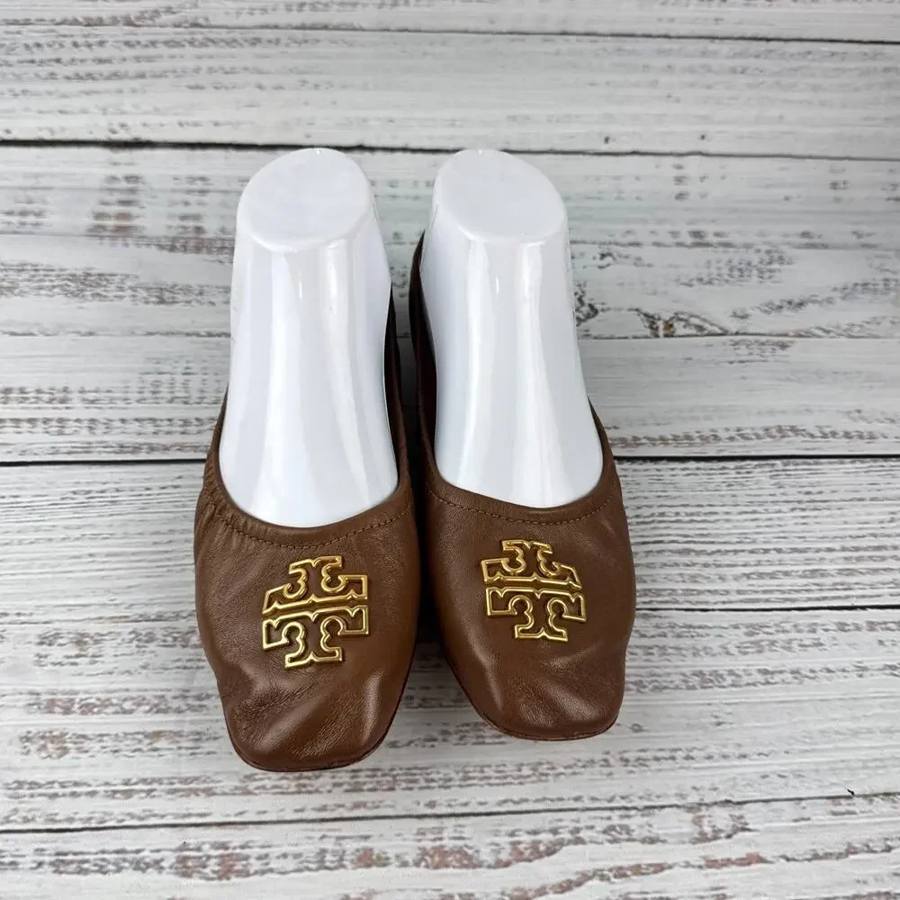 Tory Burch Britten Womens US 5M Ballet Flats Brown Leather Gold Logo